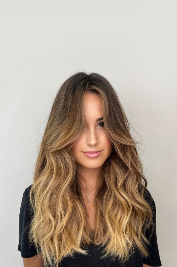 Mid-Back Layers Dark Brown To Golden Blonde Ombre, Softer Variation Mid-Back Layers Dark Brown To Golden Blonde Ombre, Softer Variation — Trendy Ombre Hair Color