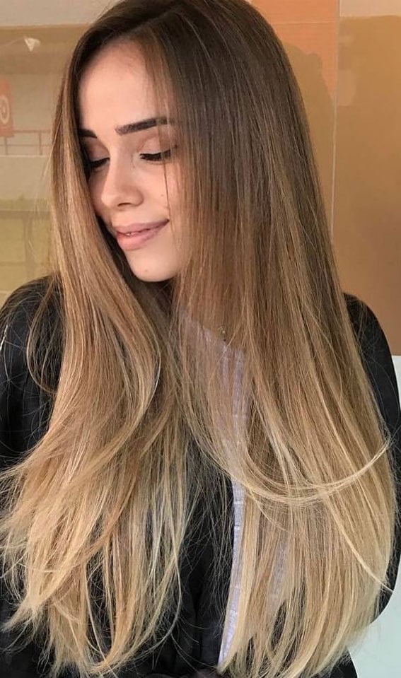Mid-Back Long Layers Dark Blonde To Light Blonde Ombre, Straight Mid-Back Long Layers Dark Blonde To Light Blonde Ombre, Straight — Trendy Ombre Hair Color