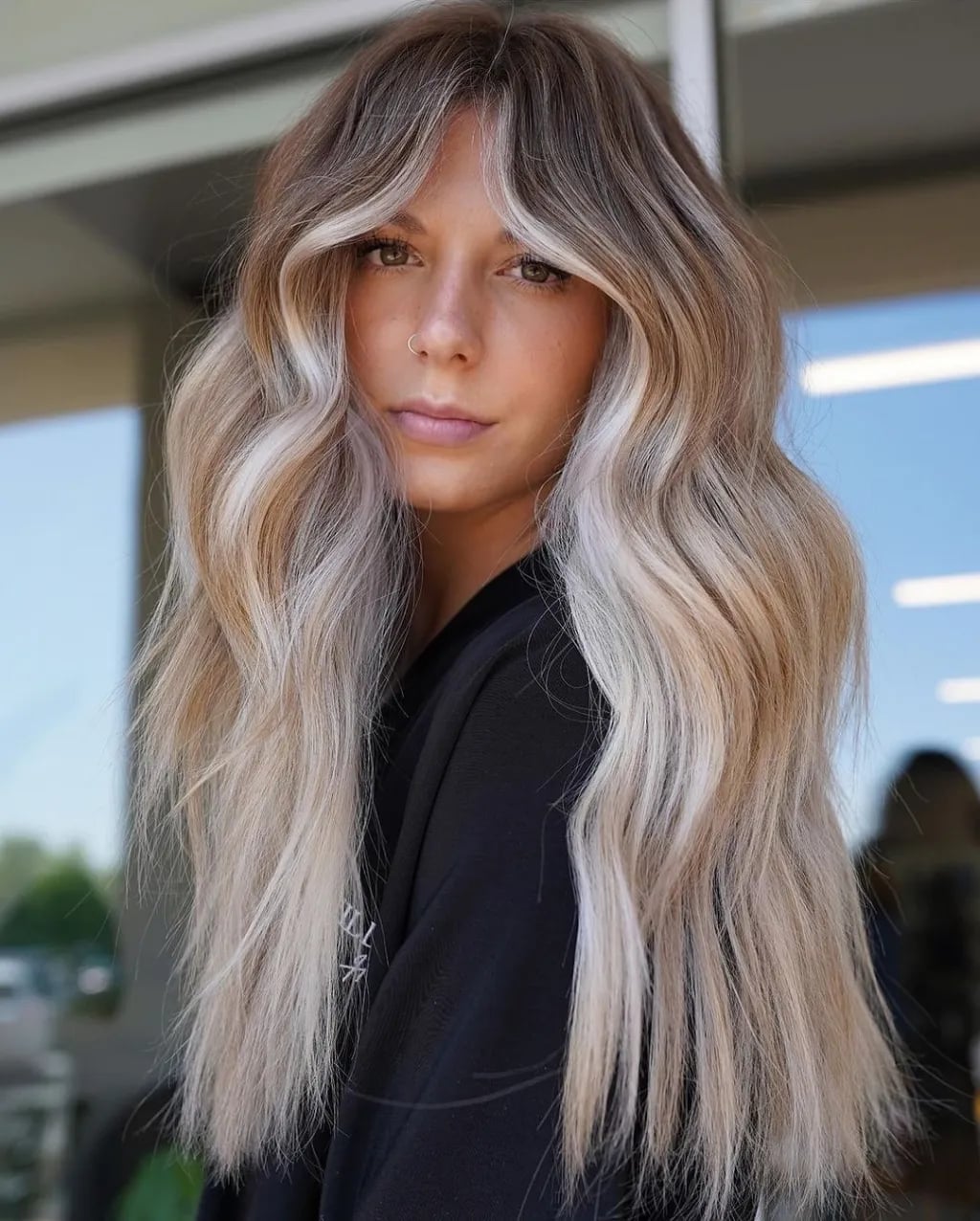 Mid-Back Layers Ash Brown To Ash Blonde Ombre, Bolder Variation Mid-Back Layers Ash Brown To Ash Blonde Ombre, Bolder Variation — Trendy Ombre Hair Color