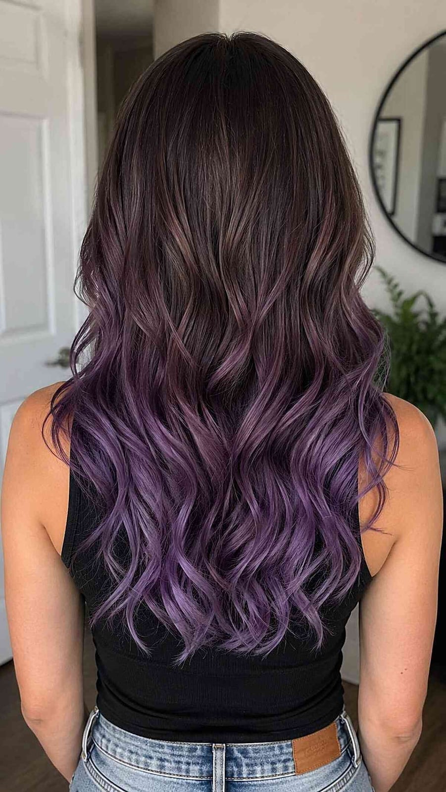 Mid-Back Waves Dark Brown To Vibrant Purple Ombre, Wavy Mid-Back Waves Dark Brown To Vibrant Purple Ombre, Wavy — Trendy Ombre Hair Color
