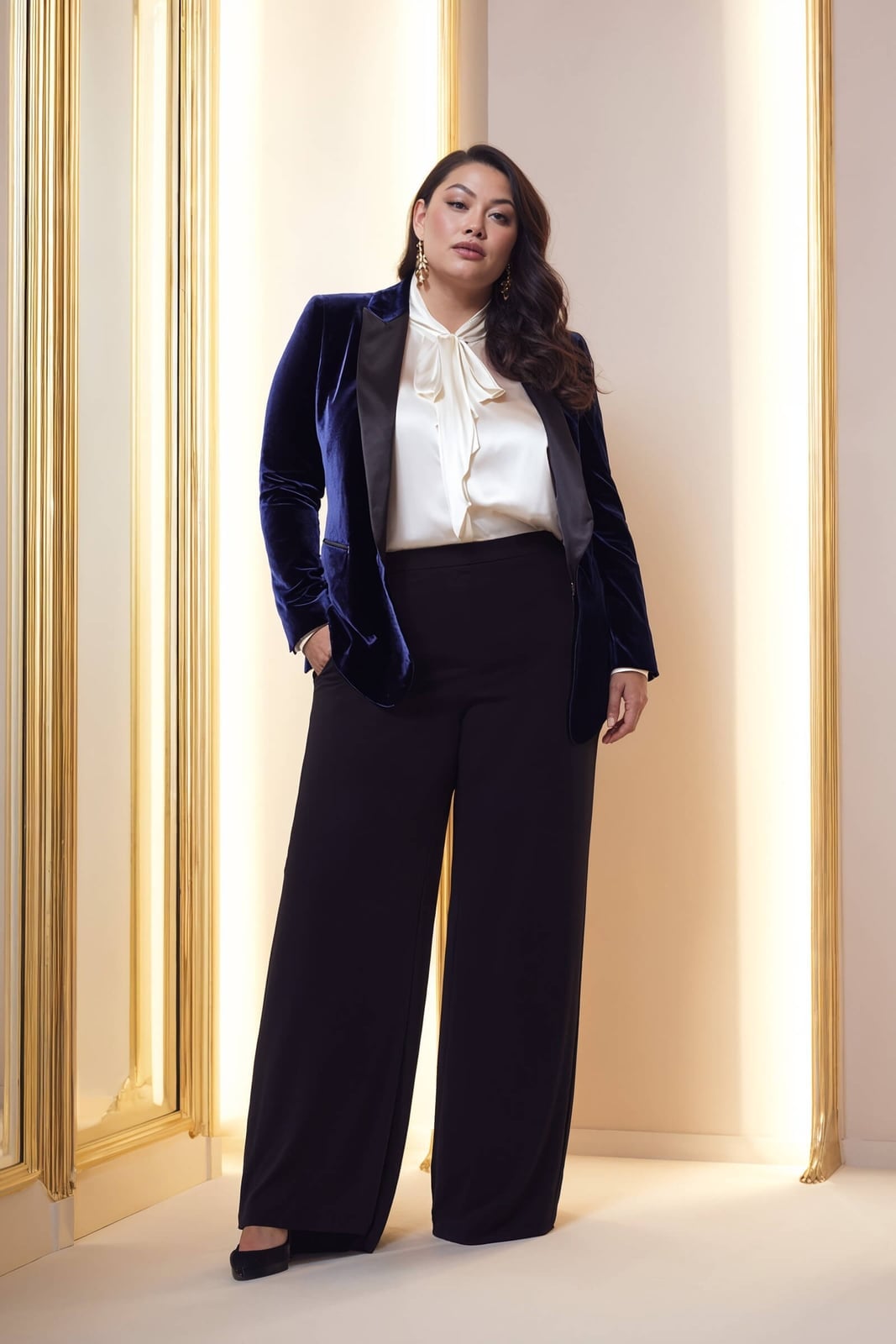 Royal Blue Velvet Blazer with Silk Blouse and Trousers Royal Blue Velvet Blazer with Silk Blouse and Trousers — Trendy Opera Outfits