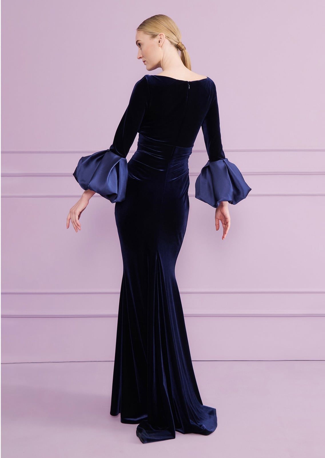 Navy Velvet Gown with Dramatic Satin Puff Sleeves Navy Velvet Gown with Dramatic Satin Puff Sleeves — Trendy Opera Outfits