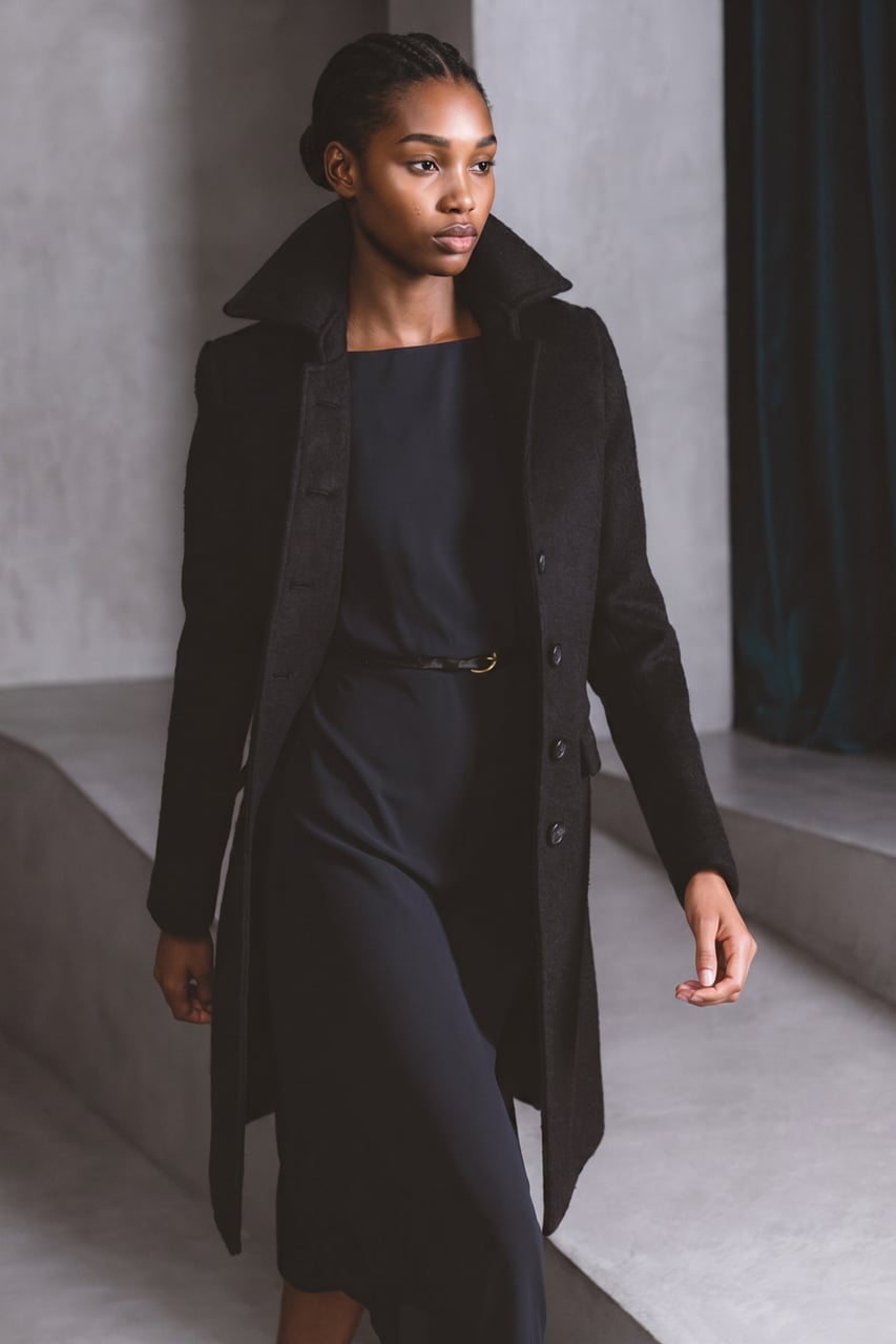 Black Wool Coat Over a Navy Dress with Gold Belt Black Wool Coat Over a Navy Dress with Gold Belt — Trendy Opera Outfits