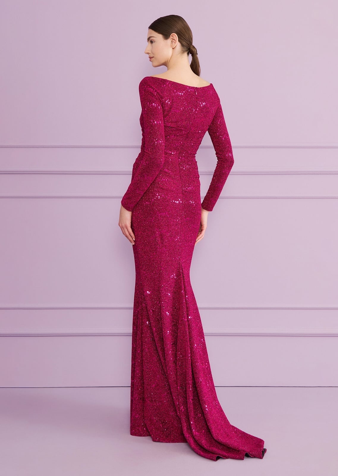 Fuchsia Sequined Gown with Long Sleeves Fuchsia Sequined Gown with Long Sleeves — Trendy Opera Outfits