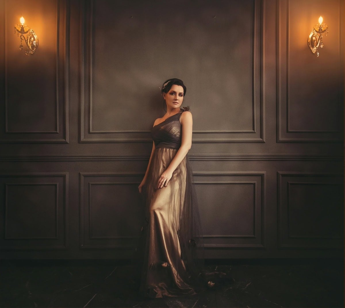 Gold Silk Gown with Grey Tulle Overlay Gold Silk Gown with Grey Tulle Overlay — Trendy Opera Outfits