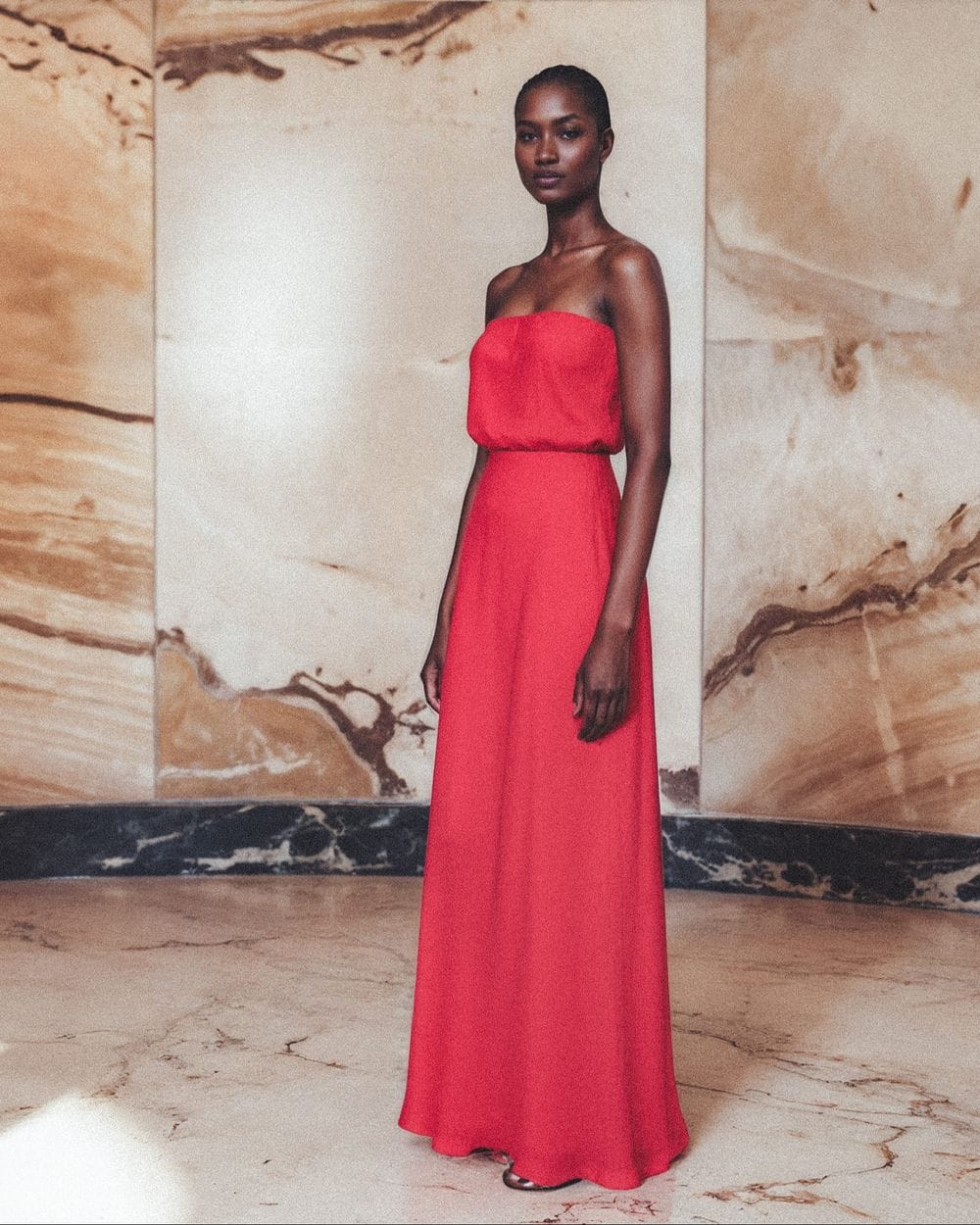 Red Crepe Column Gown with Strapless Neckline Red Crepe Column Gown with Strapless Neckline — Trendy Opera Outfits