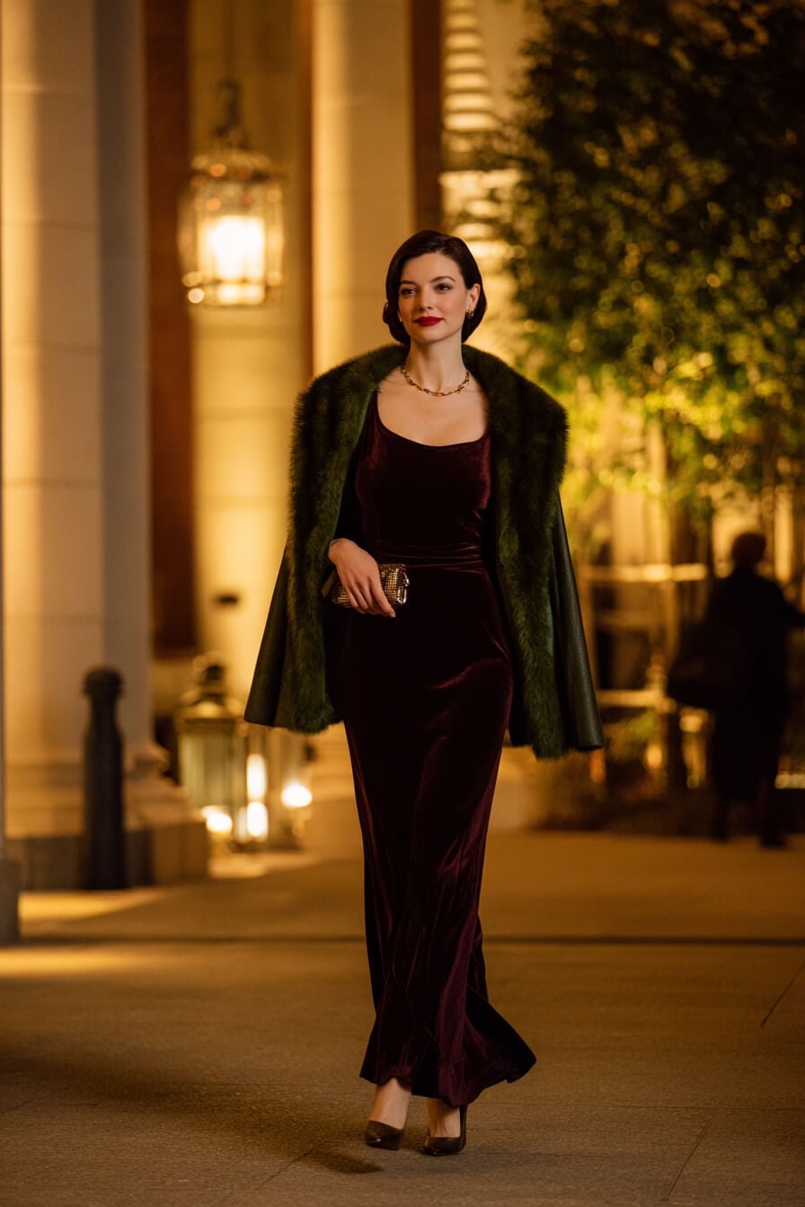 Burgundy Velvet Maxi Dress with Fur-Trimmed Coat Burgundy Velvet Maxi Dress with Fur-Trimmed Coat — Trendy Opera Outfits