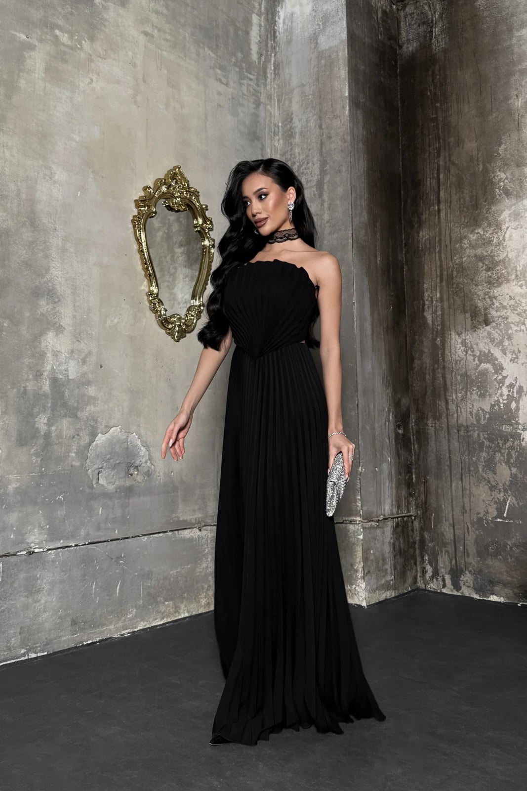 Black Strapless Gown with Pleated Bodice and Skirt Black Strapless Gown with Pleated Bodice and Skirt — Trendy Opera Outfits