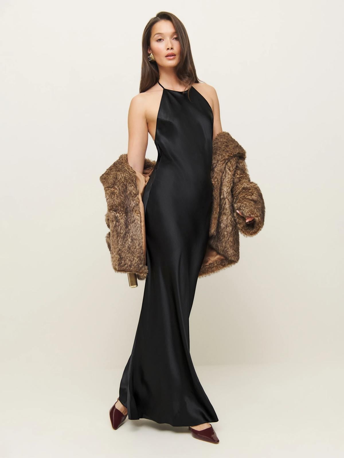 Black Silk Halter Dress with Fur Coat Black Silk Halter Dress with Fur Coat — Trendy Opera Outfits