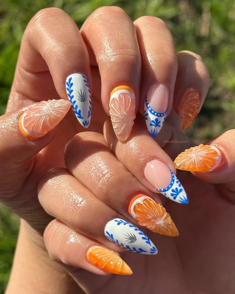 Long Stiletto 3D Orange Slice Accents Long Stiletto 3D Orange Slice Accents — Trendy Orange Nails