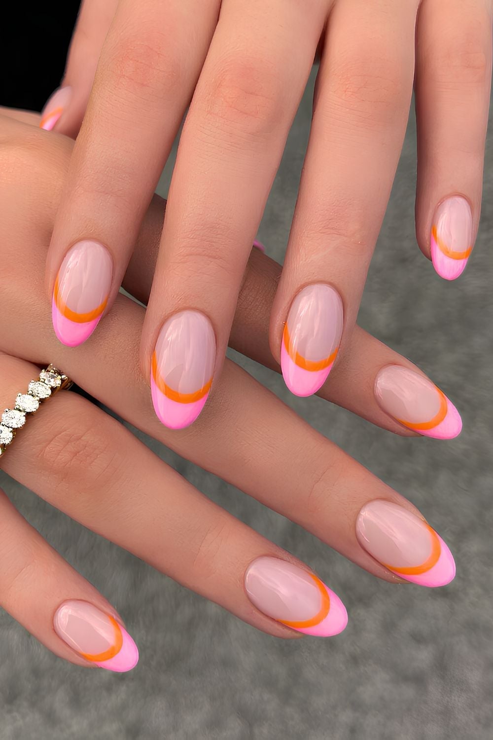 Almond Double French Tip Pink And Orange Almond Double French Tip Pink And Orange — Trendy Orange Nails