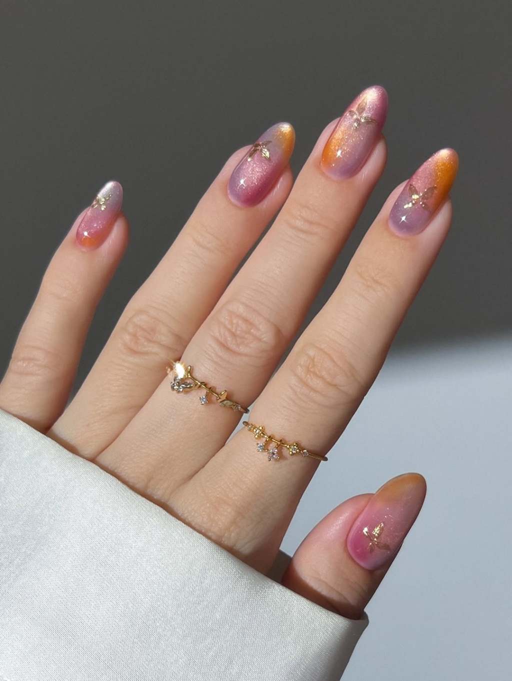 Short Almond Pink Orange Gold Gradient Butterfly Short Almond Pink Orange Gold Gradient Butterfly — Trendy Orange Nails