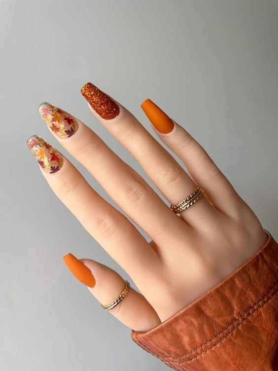 Long Coffin Matte Orange Glitter Accent Long Coffin Matte Orange Glitter Accent — Trendy Orange Nails