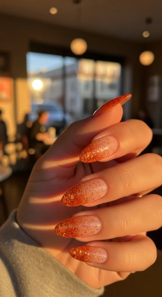 Long Almond Glitter Orange Ombre Long Almond Glitter Orange Ombre — Trendy Orange Nails