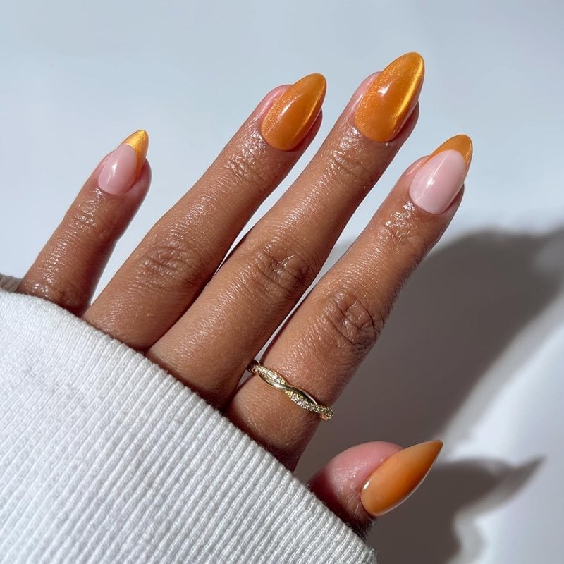 Medium Stiletto Orange Cat-Eye French Tip Medium Stiletto Orange Cat-Eye French Tip — Trendy Orange Nails