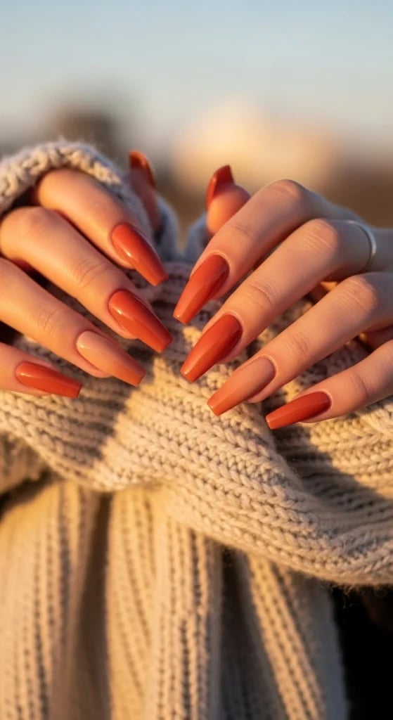 Long Coffin Glossy Burnt Orange Nude Long Coffin Glossy Burnt Orange Nude — Trendy Orange Nails