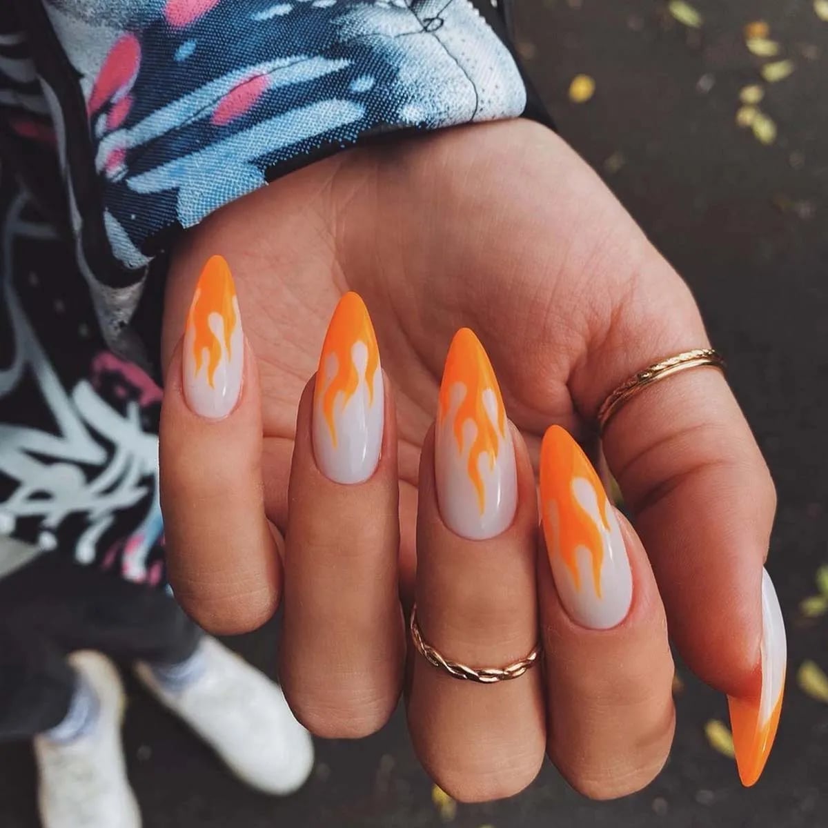 Long Stiletto Orange Flame Design Long Stiletto Orange Flame Design — Trendy Orange Nails