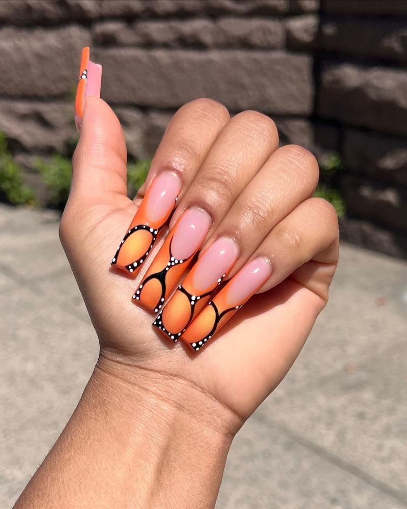 Long Coffin Orange Butterfly Wing Tips Long Coffin Orange Butterfly Wing Tips — Trendy Orange Nails