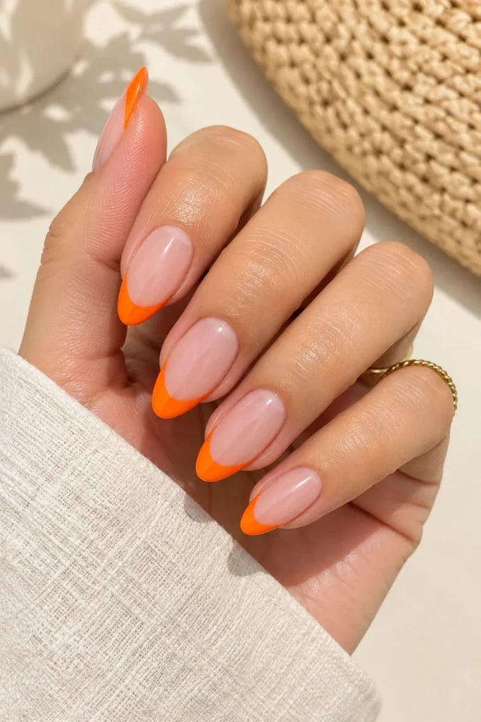 Medium Oval Sheer Nude Orange French Tips Medium Oval Sheer Nude Orange French Tips — Trendy Orange Nails