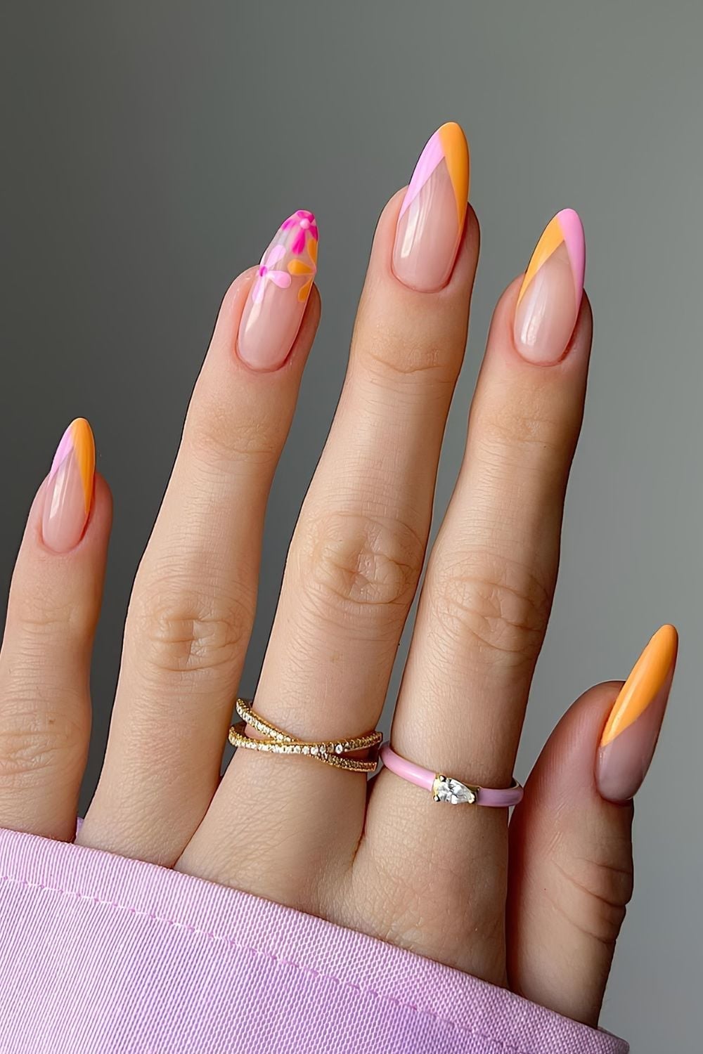 Long Almond Neon Color Block French Tips Long Almond Neon Color Block French Tips — Trendy Orange Nails
