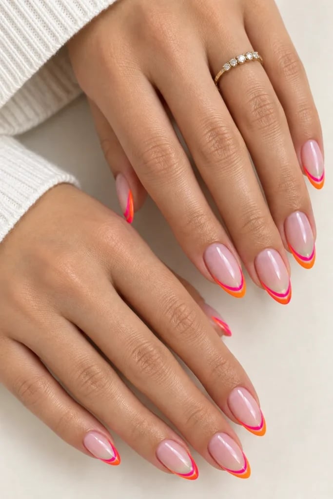 Short Almond Neon Double French Tips Short Almond Neon Double French Tips — Trendy Orange Nails