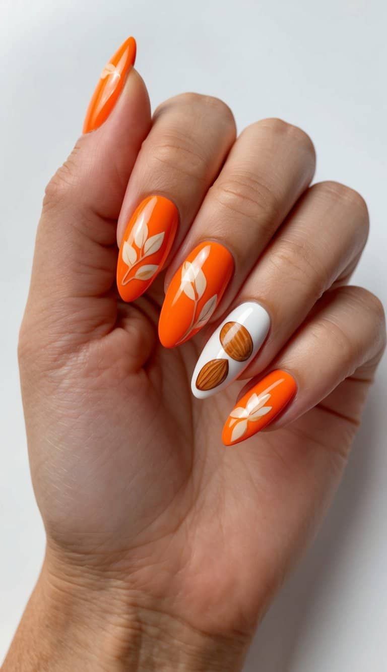 Medium Almond Orange Leaf And Illustration Art Medium Almond Orange Leaf And Illustration Art — Trendy Orange Nails