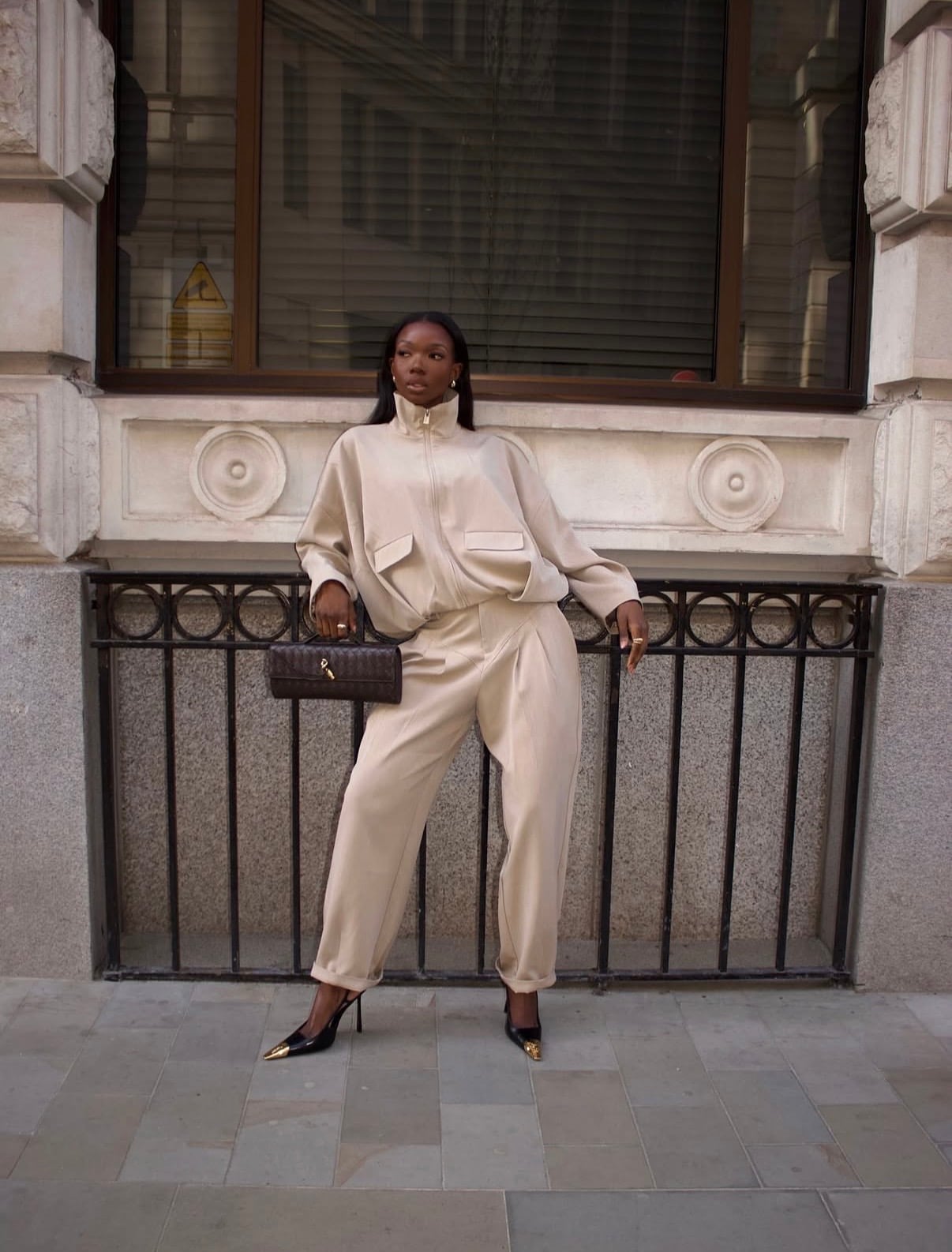 Beige Satin Zip-Up Jacket with Matching Trousers and Black Heels Beige Satin Zip-Up Jacket with Matching Trousers and Black Heels — Trendy Outfit Ideas