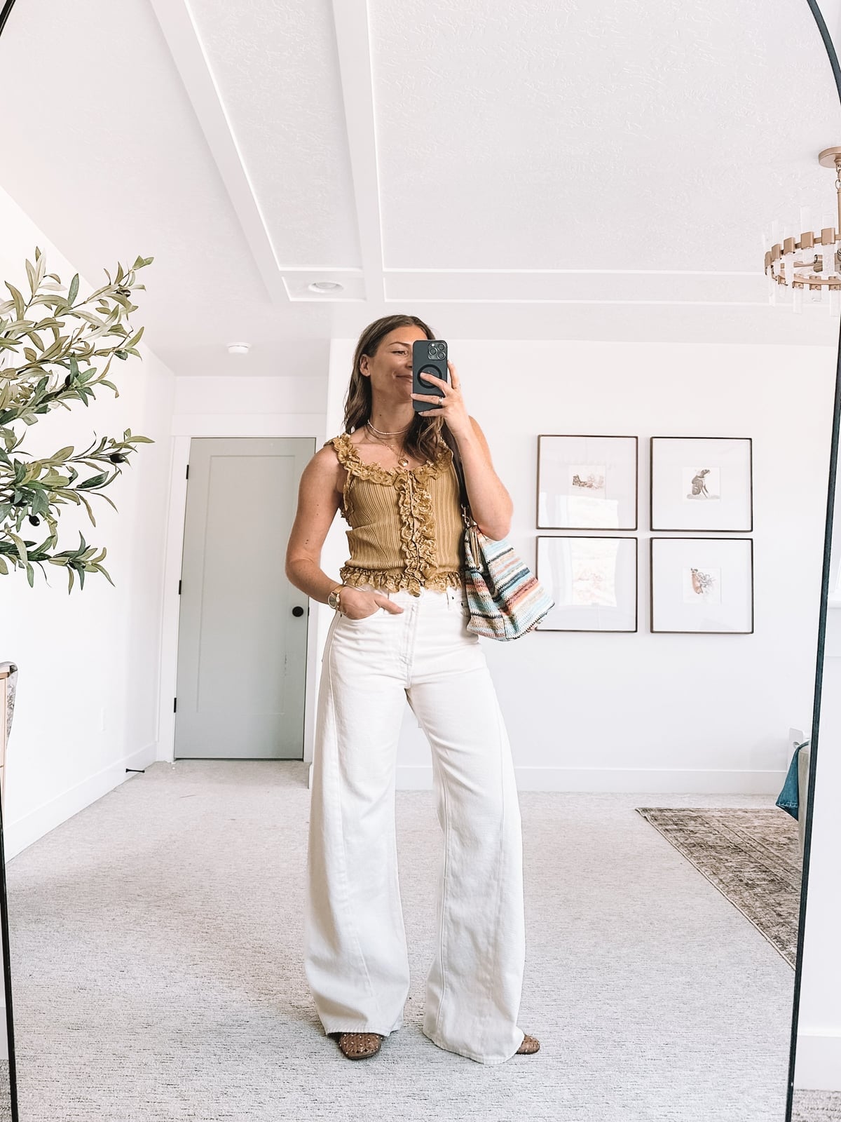 Ruffled Yellow Top with Wide Leg White Trousers and Tan Sandals Ruffled Yellow Top with Wide Leg White Trousers and Tan Sandals — Trendy Outfit Ideas