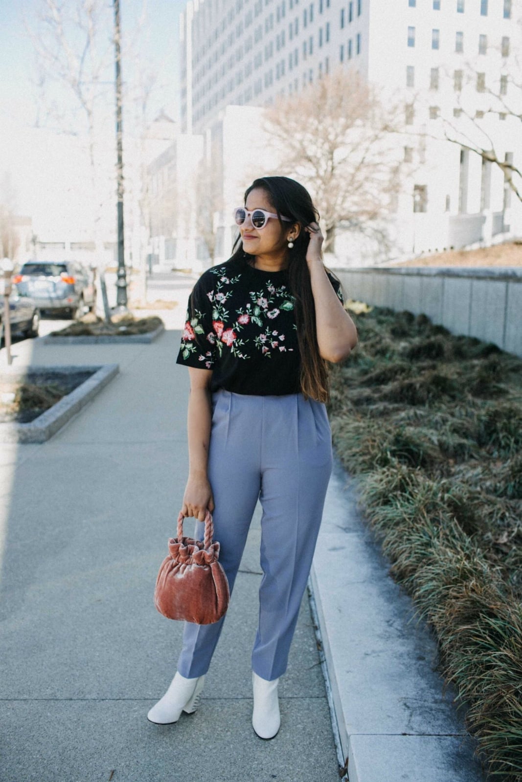 Embroidered Top with Light Blue Trousers and White Ankle Boots Embroidered Top with Light Blue Trousers and White Ankle Boots — Trendy Outfit Ideas