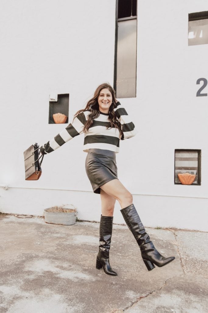 Striped Cropped Knit Top with Faux Leather Mini Skirt and Knee-High Striped Cropped Knit Top with Faux Leather Mini Skirt and Knee-High — Trendy Outfit Ideas