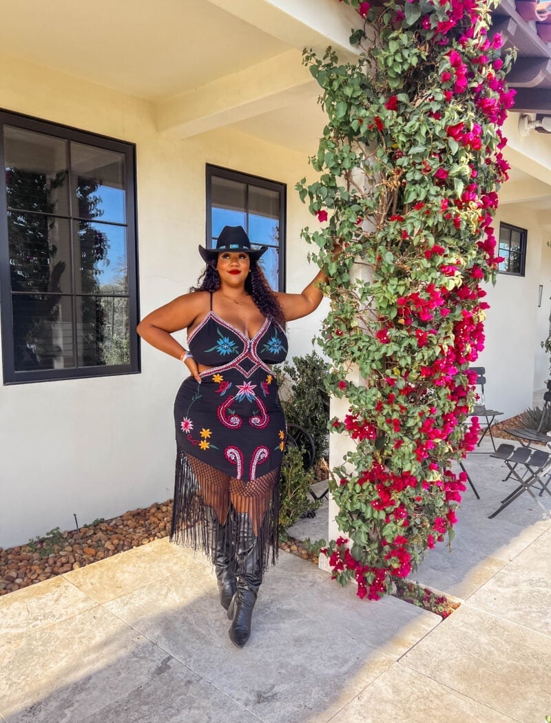 Embroidered Fringe Mini Dress with Knee-High Boots and Cowboy Hat Embroidered Fringe Mini Dress with Knee-High Boots and Cowboy Hat — Trendy Outfit Ideas