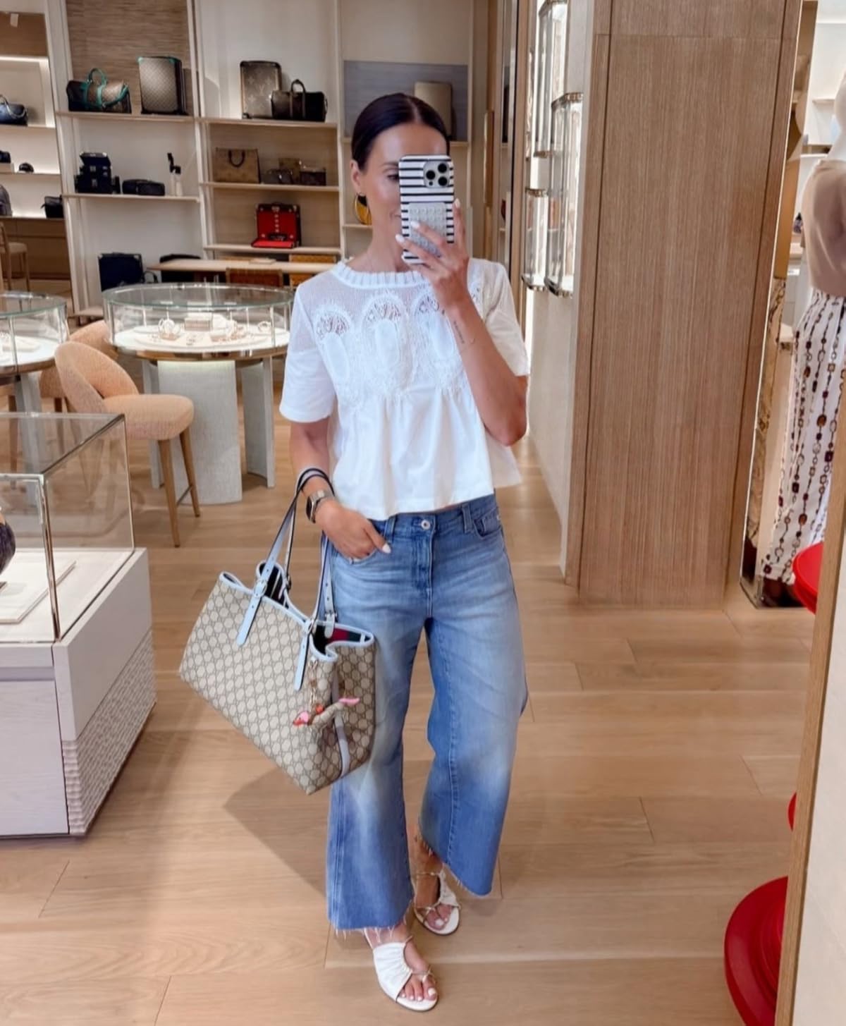 Wide Leg Jeans with Embroidered White Top and White Sandals Wide Leg Jeans with Embroidered White Top and White Sandals — Trendy Outfit Ideas