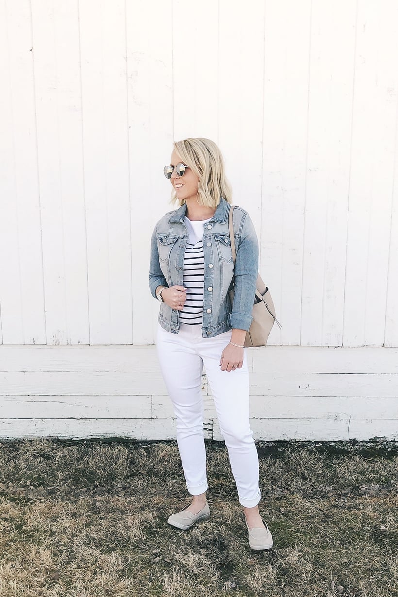 Denim Jacket Over Striped T-Shirt with White Jeans and Loafers Denim Jacket Over Striped T-Shirt with White Jeans and Loafers — Trendy Outfit Ideas