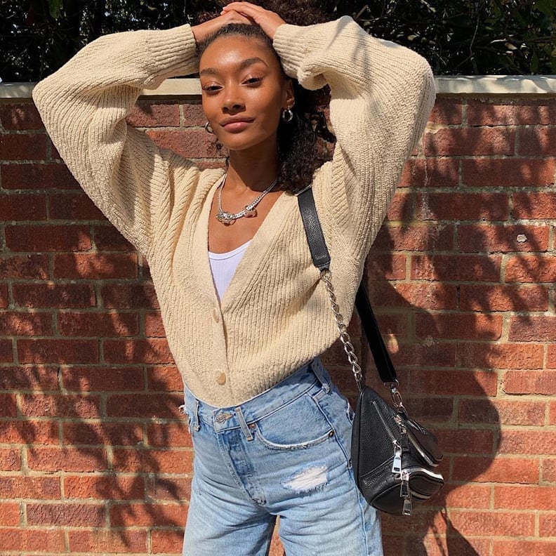 Cream Knit Cardigan Over White Tank Top and Distressed Jeans Cream Knit Cardigan Over White Tank Top and Distressed Jeans — Trendy Outfit Ideas