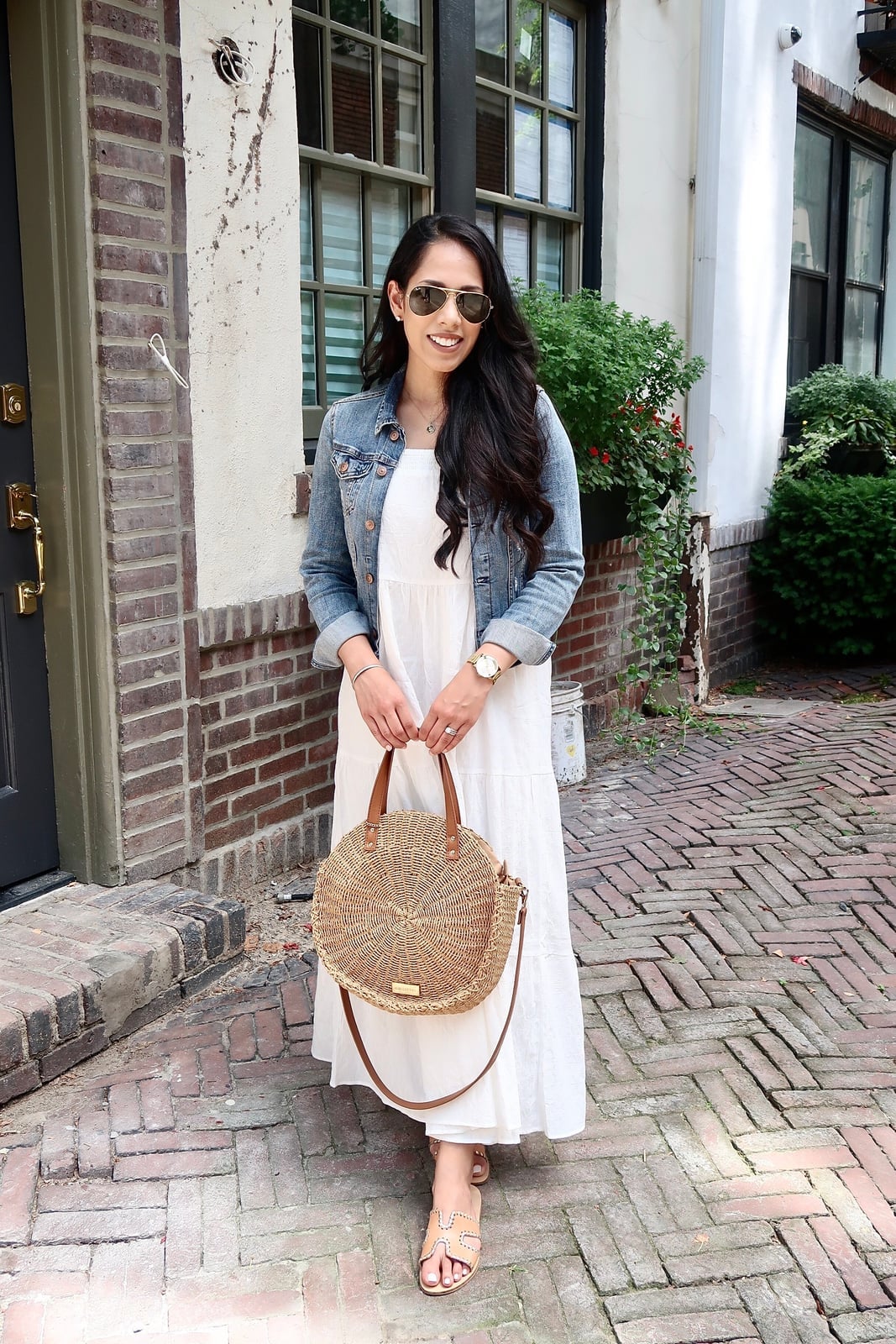Tiered Maxi Dress with Denim Jacket and Flat Sandals Tiered Maxi Dress with Denim Jacket and Flat Sandals — Trendy Outfit Ideas