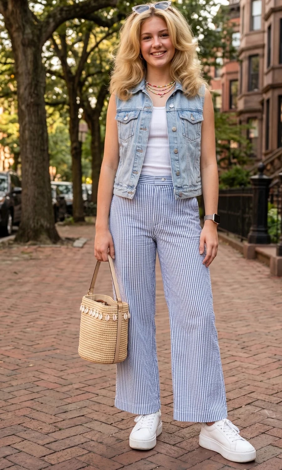 Denim Vest With Striped Wide-Leg Pants Denim Vest With Striped Wide-Leg Pants — Trendy Outfits for Teens