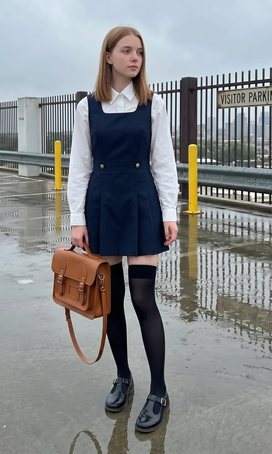 Navy Pinafore Dress Over White Button-Down Navy Pinafore Dress Over White Button-Down — Trendy Outfits for Teens