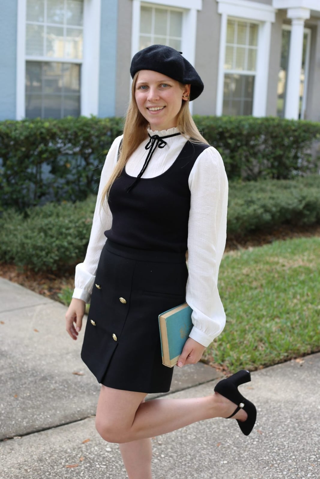 Sleeveless Dress Over Blouse With Pearl Heels Sleeveless Dress Over Blouse With Pearl Heels — Trendy Parisian Style