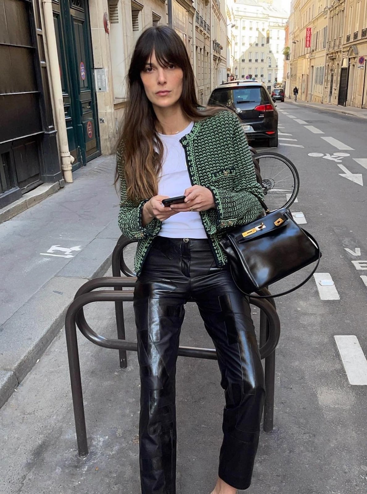 Tweed Jacket Over T-Shirt With Leather Trousers Tweed Jacket Over T-Shirt With Leather Trousers — Trendy Parisian Style