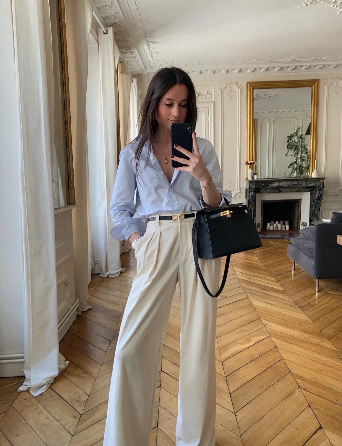 Button-Down Shirt With Wide-Leg Trousers and Belt Button-Down Shirt With Wide-Leg Trousers and Belt — Trendy Parisian Style