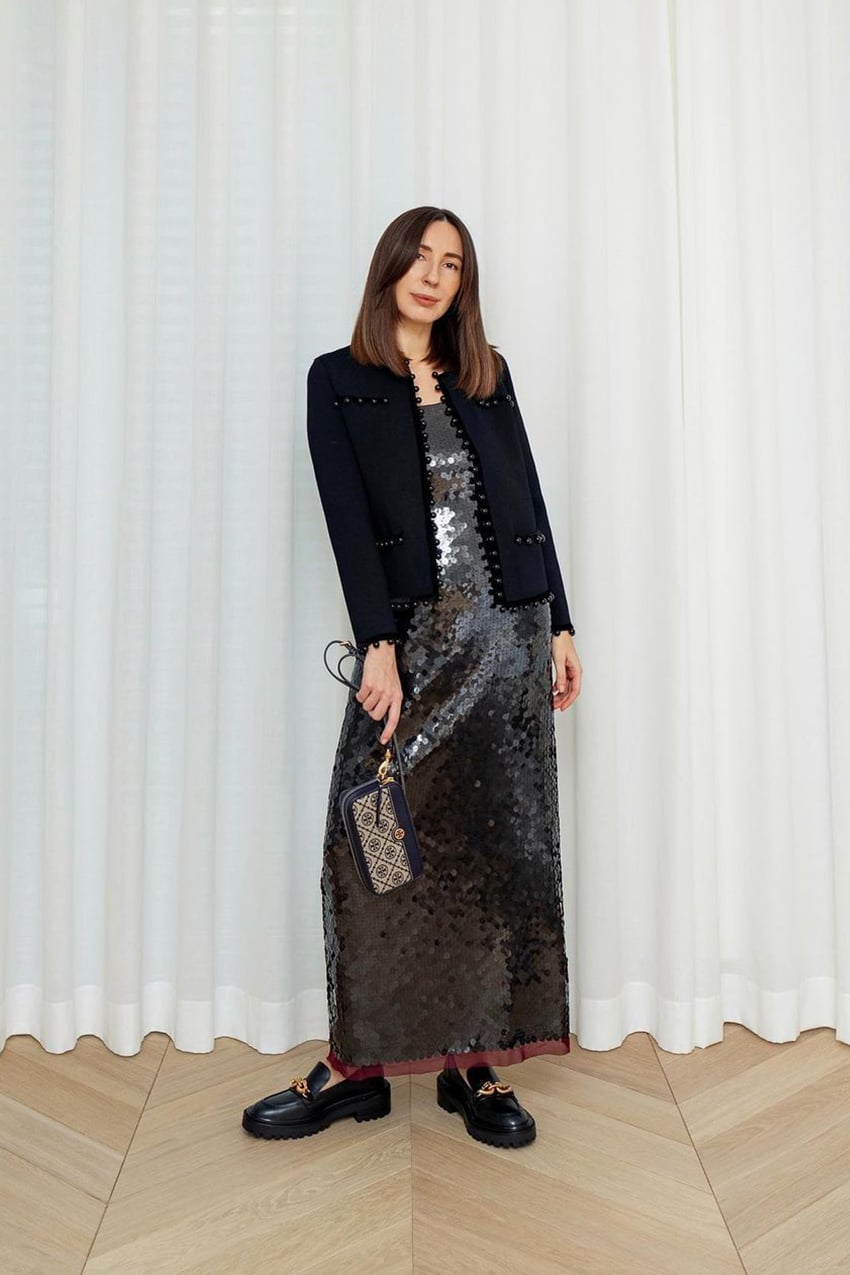 Black Sequin Maxi Dress with Studded Black Jacket — Trendy Party Outfits