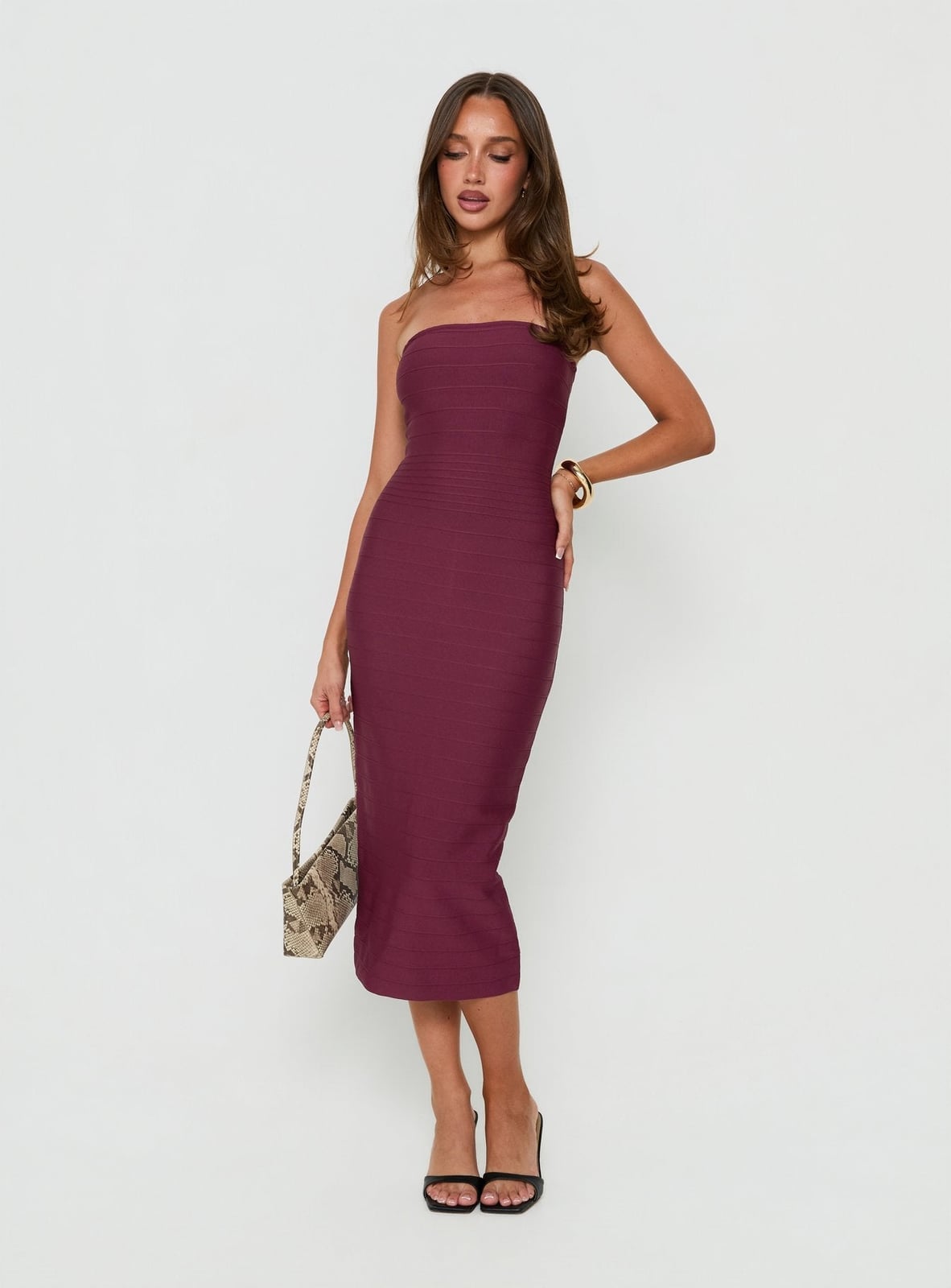 Deep Burgundy Strapless Bandage Midi Dress — Trendy Party Outfits