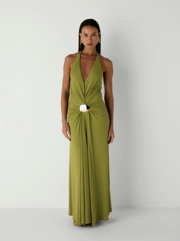 Olive Green Halter Neck Maxi Dress with Statement Buckle — Trendy Party Outfits