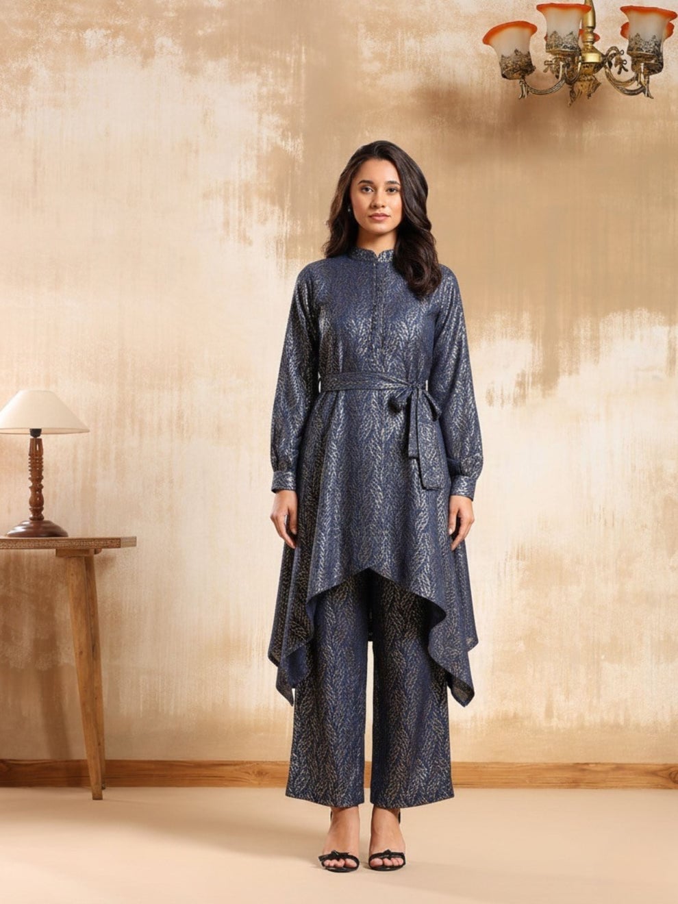 Navy Tunic with Metallic Silver Print and Wide Leg Trousers — Trendy Party Outfits
