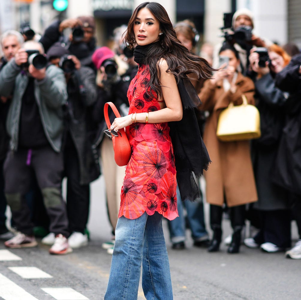 Red Floral Dress Over Light Blue Wide Leg Jeans — Trendy Party Outfits