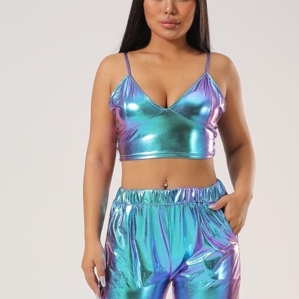 Iridescent Blue Purple Metallic Camisole Top — Trendy Party Outfits