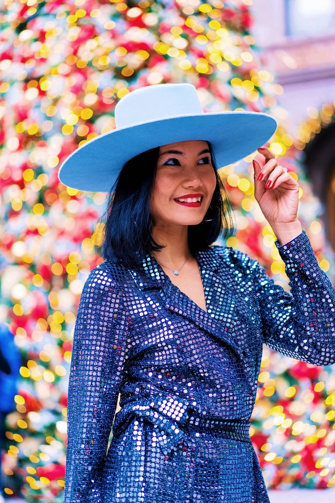 Dark Blue Sequined Wrap Dress with Light Blue Hat — Trendy Party Outfits
