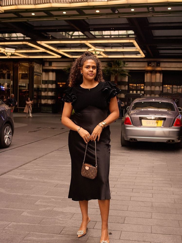 Black Satin Midi Slip Dress with Velvet Trim — Trendy Party Outfits
