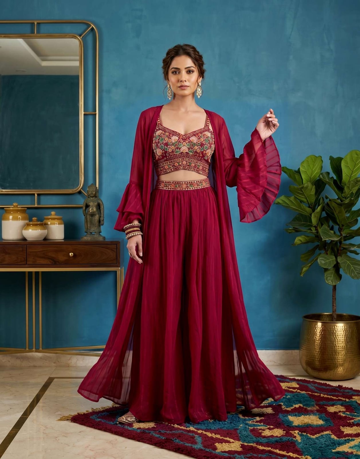 Maroon Embellished Crop Top and Flowing Skirt Set — Trendy Party Outfits
