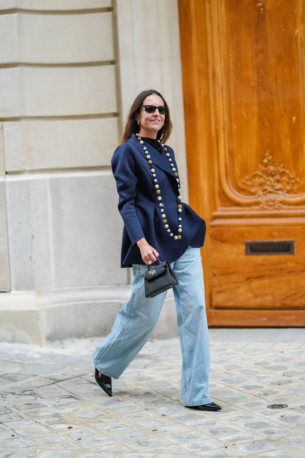 Navy Oversized Blazer with Light Blue Jeans and Pearls — Trendy Party Outfits